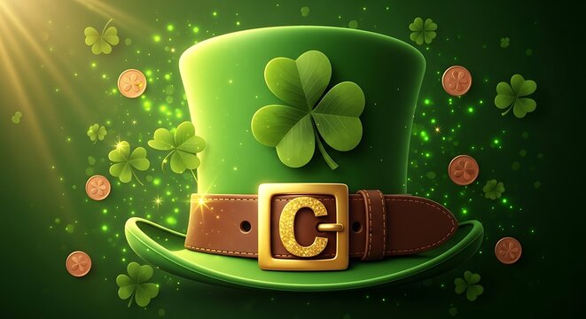 Green top hat with clover and gold buckle celebrating irish heritage and st patricks day