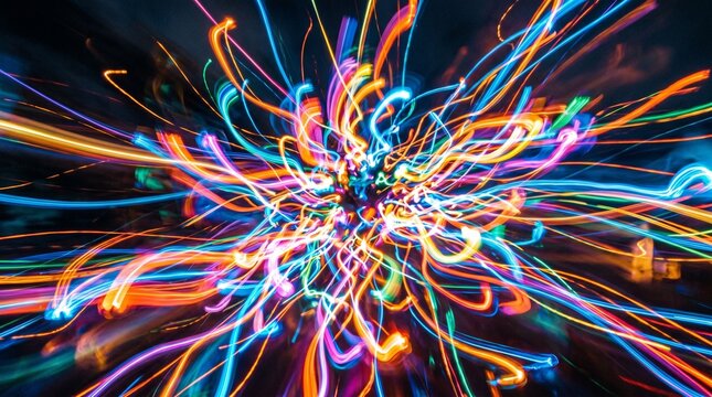 Vivid streaks of multicolored neon lights intertwine in an explosive, abstract pattern against a dark background