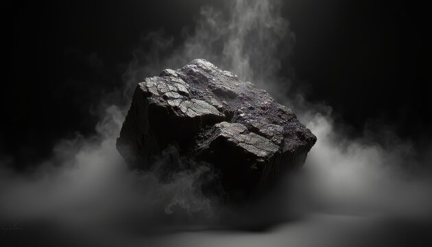 Heavy rough rock with steam rising from dense fog against a black void