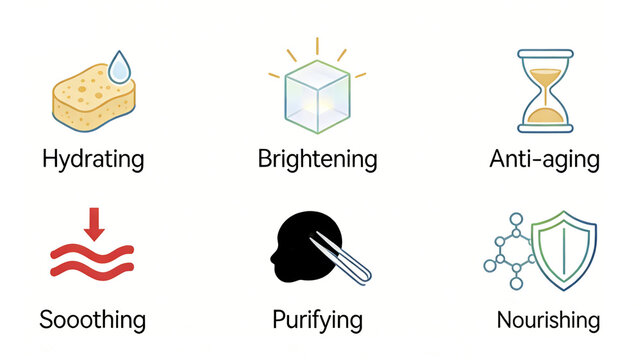 Six basic skin care efficacy icons, representing the concept of moisturizing, brightening, soothing and nourishing, are applicable to the labeling of facial cleaning and essence skin care products.
