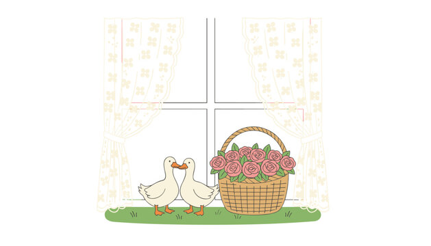 Two ducks facing each other beside a woven basket of blooming roses, framed by intricate lace curtains in a cozy cottage setting.