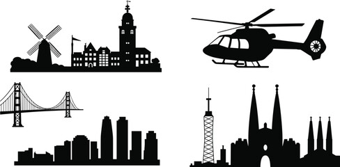 Naklejka premium Set of black travel and city silhouettes including helicopter bridge windmill landmarks and cityscapes isolated on white background
