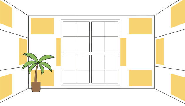 Minimalist empty room featuring white walls with yellow rectangular accents and a small potted palm plant near a central window.