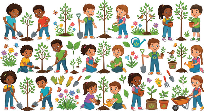Cute cartoon kids planting trees vector character set featuring diverse children gardening watering saplings and digging soil with shovels