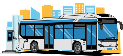 Technology bus blends with vibrant cityscape, featuring iconic orange urban buildings. Suitable for tech, transportation, urban themes in design projects. © Coepy images