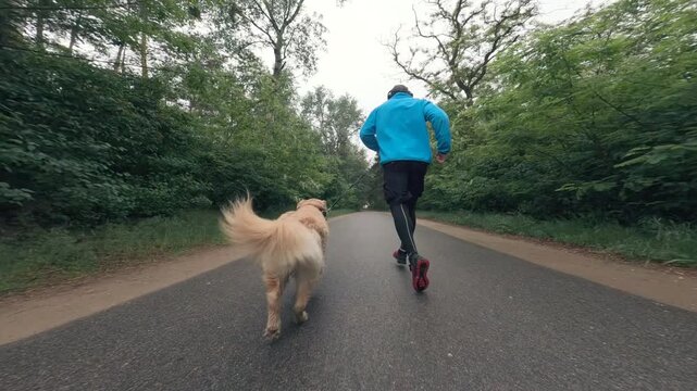 Man and golden retriever run on a path surrounded by trees during the morning hours in slow motion