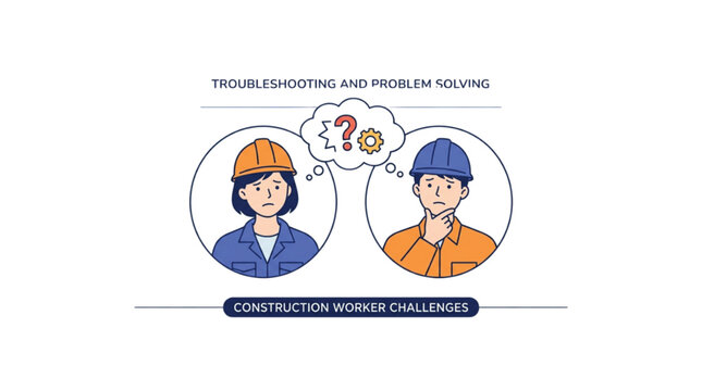 Conceptual illustration of diverse construction professionals analyzing workplace difficulties and seeking innovative solutions, highlighting problem-solving and troubleshooting challenges