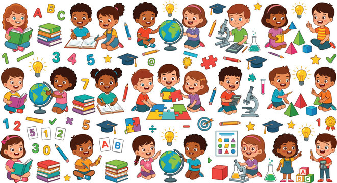 Cute school kids education mega set vector illustration featuring diverse cartoon children learning math science reading and geography