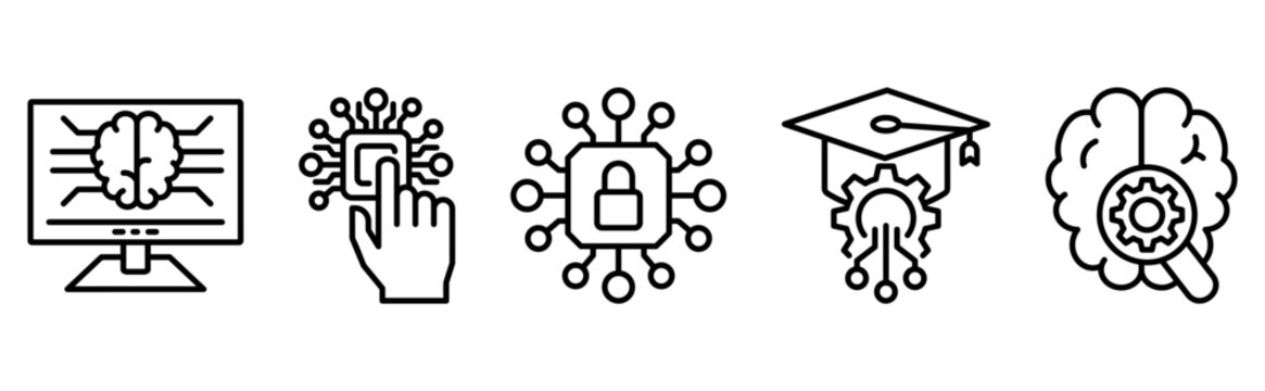 Deep artificial intelligence infrastructure and academic cybersecurity systems icon set