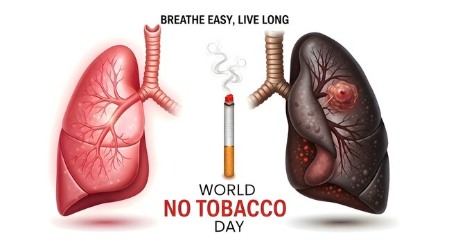 World No Tobacco Day Awareness Poster with Healthy Pink Lung and Black Smoker Lung Comparison, Anti Smoking Medical Concept, Cigarette Isolated on White Background