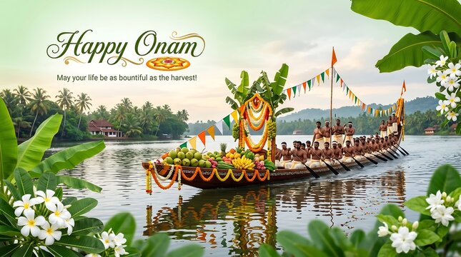 Happy Onam Greeting with Traditional Boat, Fruits, and Green Tropical Leaves