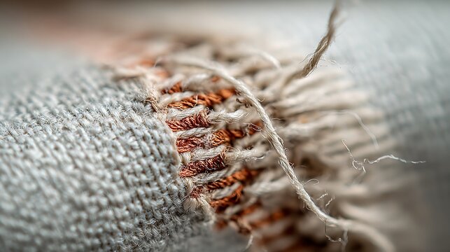 Macro close up of worn frayed grey fabric sleeve edge.
