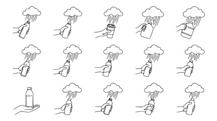 Obraz premium Hand holding beverage containers under rain cloud line art illustration