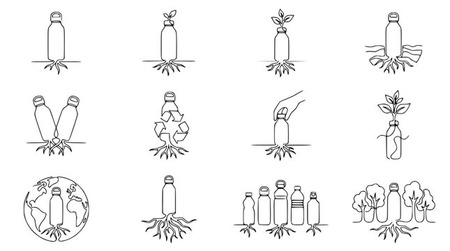 Plastic bottle recycling and growth icons set, nature and sustainability concept