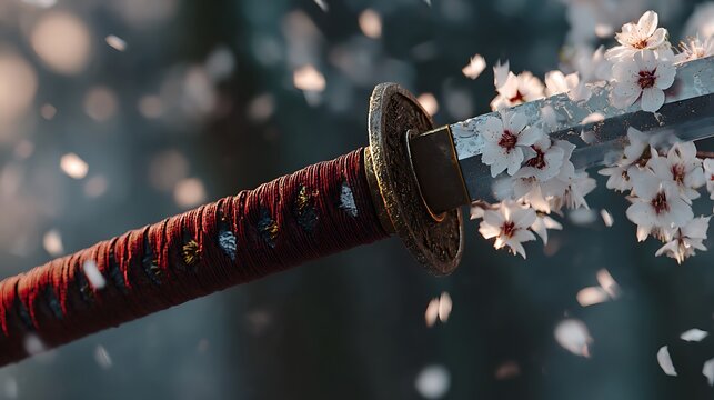 Close up of a traditional Japanese katana sword with falling cherry blossoms.