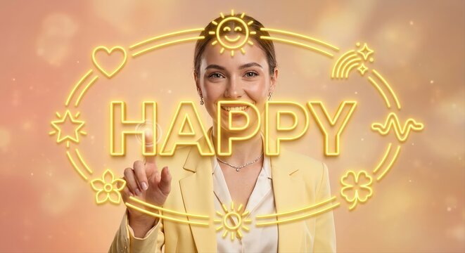 Joyful woman touching a bright yellow neon sign for HAPY with cheerful like sun, heart, and rainbow
