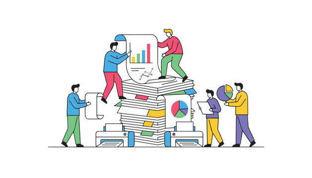 Group of people standing around large stack of paper documents and printers while reviewing colorful charts and graphs in office.