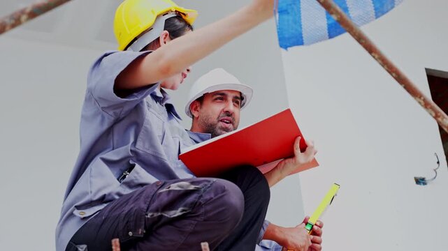Engineer worker helmet clipboard building construction inspection safety scaffolding architect planning teamwork hard hat blueprint vest tool level project site contractor labor near white wall