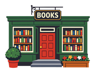 Obraz premium Bookstore facade featuring an inviting red door, window displays with shelves of books, and a welcoming atmosphere