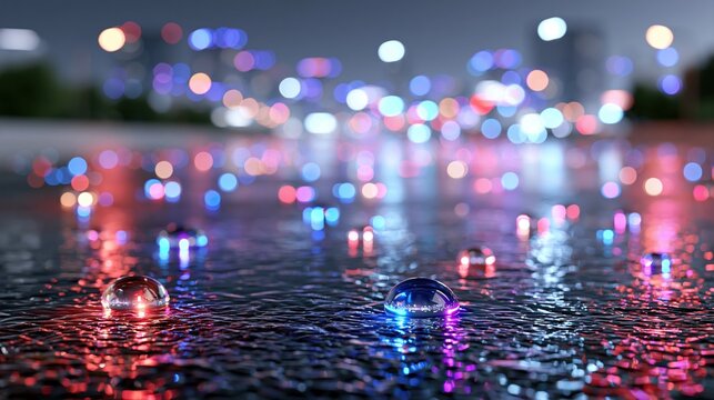 Raindrops on wet pavement reflecting colorful bokeh lights of a city at night