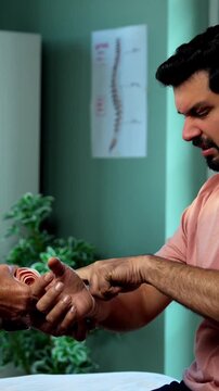 Indian physiotherapist treating wrist pain by applying support band as experienced male therapist helps patient relieve injury inside modern Indian clinic OPD healthcare treatment visit