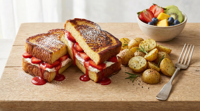 Grilled Sandwich Filled With Strawberries on Rustic Table Appetizing Style
