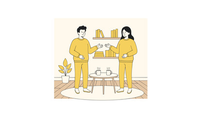 Fototapeta premium Man and woman in yellow sweaters standing in living room with wooden shelves, small coffee table, and potted plant during casual home conversation.