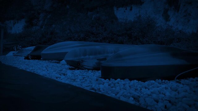 Canoes On The Beach At Night
