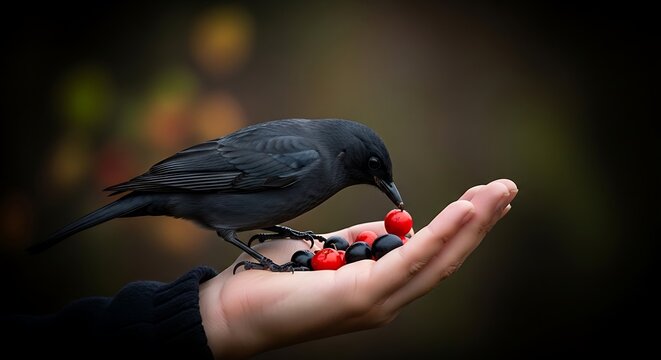 Bird eating berries from a person's hand