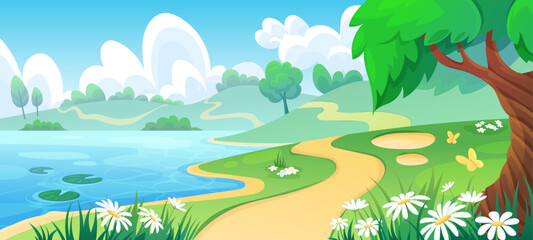 Fototapeta premium Meadow landscape with blooming daisies and lush grass under blue sky. Spring field background with gentle hills and butterflies, lake shore in cartoon vector illustration style for seasonal design.
