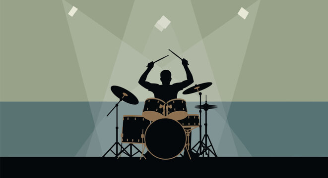 Drummer Silhouette Playing Drums on Stage with Spotlights