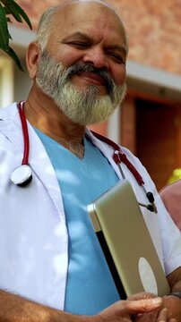 Smiling Indian doctor patient outdoors showing ok sign to camera while standing in natural greenery as senior male physician and young patient celebrate positive healthcare outcome together
