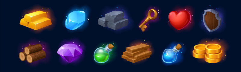 Fototapeta na wymiar Game icons and UI assets for RPG loot systems - magic potion and hearts, gems and gold coins. Vector set with cartoon fantasy items including shield, key and treasure for mobile gaming inventory.