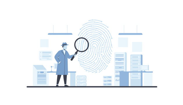 Detective standing with a magnifying glass inspecting a large glowing fingerprint in a server room environment with racks in a flat vector illustration style.