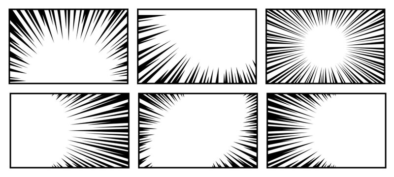 Comic book style speed lines with dynamic manga zoom effect. White radial burst background in cartoon action frame layout. Anime texture element with ray pattern for graphic template design.