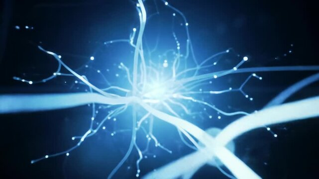 a mesmerizing 3d abstract animation of a pulsating digital neural network with glowing white and electric blue lines and nodes, expanding against a deep blue-black void with volumetric haze and
