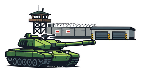 Obraz premium Heavy battle tank positioned in front of a fortified military base with a security watchtower, concrete wall, and storage buildings
