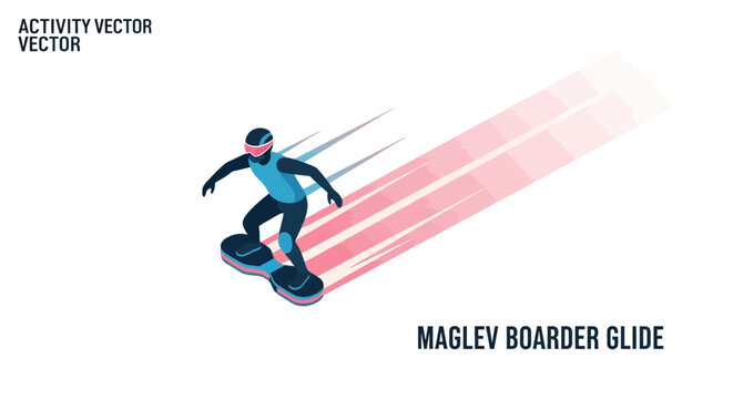 Isometric futuristic athlete gliding on a high speed maglev board