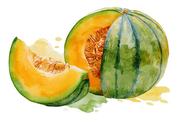 Fototapeta premium Watercolor melon fruit with sliced pieces in fresh style isolated on transparent background