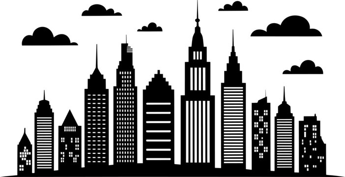 A modern cityscape silhouette with diverse skyscrapers and fluffy clouds creating a minimalist and high-contrast urban skyline and view in outline sty