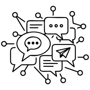 Vector line art illustration of communication, messages, network, technology, information flow.