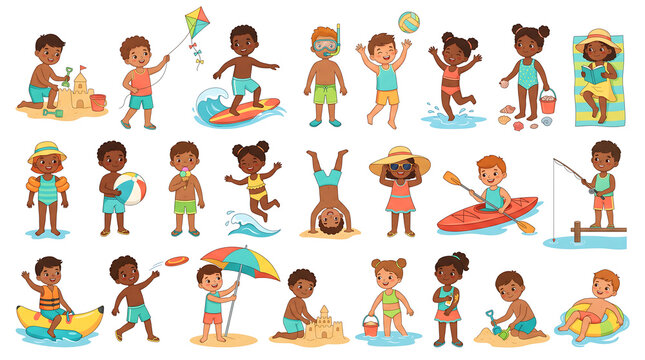 A sheet of about two dozen cheerful children at the beach and summer activities illustrated in a clean flat vector style, full-body front-facing characters arranged in loose rows with even spacing