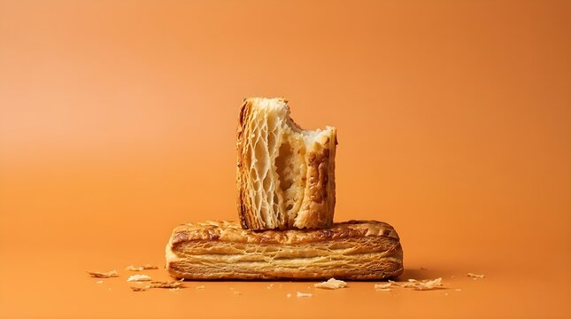 Crispy puff pastry biscuits stacked on orange background