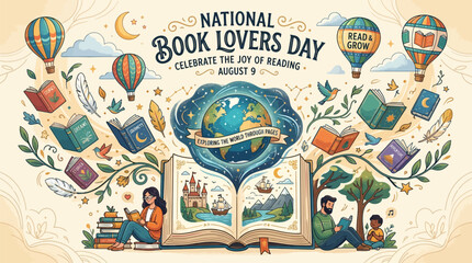 Obraz premium Illustrated celebration of book lovers day featuring diverse readers immersed in magical open book worlds