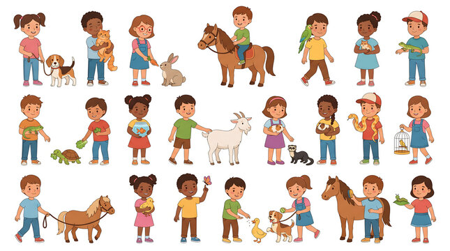 A sheet of about two dozen cheerful children with pets and animals illustrated in a clean flat vector style, full-body front-facing characters arranged in loose rows with even spacing