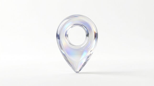 Iridescent glass map pin icon, translucent crystal location marker with holographic reflections, elegant 3D navigation pointer for web design isolated on White Background