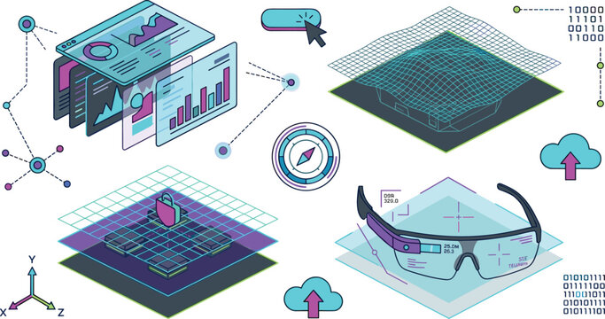 Isometric Data Analytics and Futuristic Technology Vector Icon Set with Smart Glasses, Cyber Security Blockchain, Mesh Grid, and Cloud Computing Illustrations