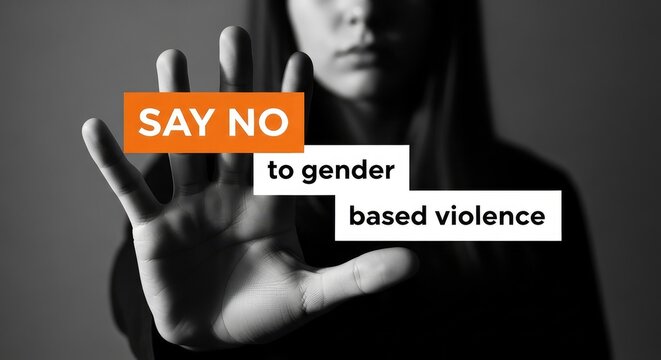 Say no to gender based violence banner with a desaturated woman making a stop gesture with her palm