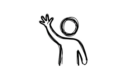 A simple hand drawn stick figure waving hello on a white background. © MASKURI