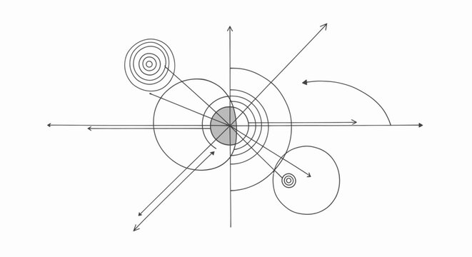 Abstract geometric composition with intersecting circles lines and arrows on a white background.